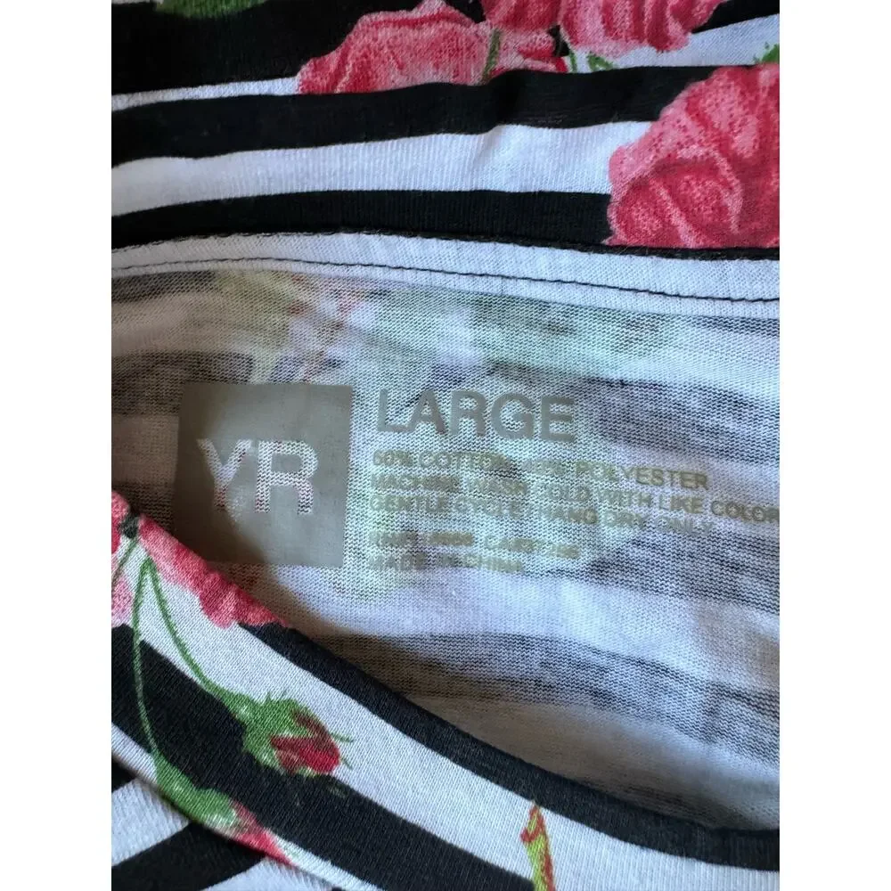 Women's T-Shirt Short Sleeve Black Stripes Floral Pattern Sleep Shirt Casual NWT - Picture 3 of 5